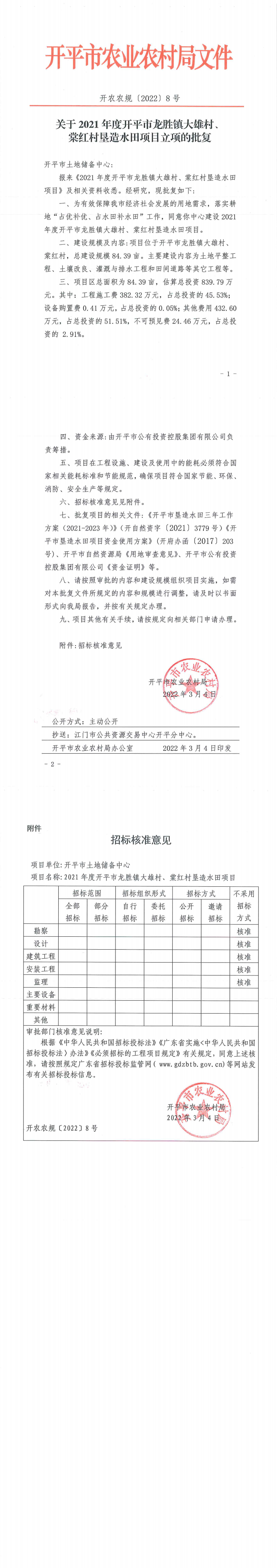关于2021年度开平市龙胜镇大雄村、棠红村垦造水田项目立项的批复_0.png